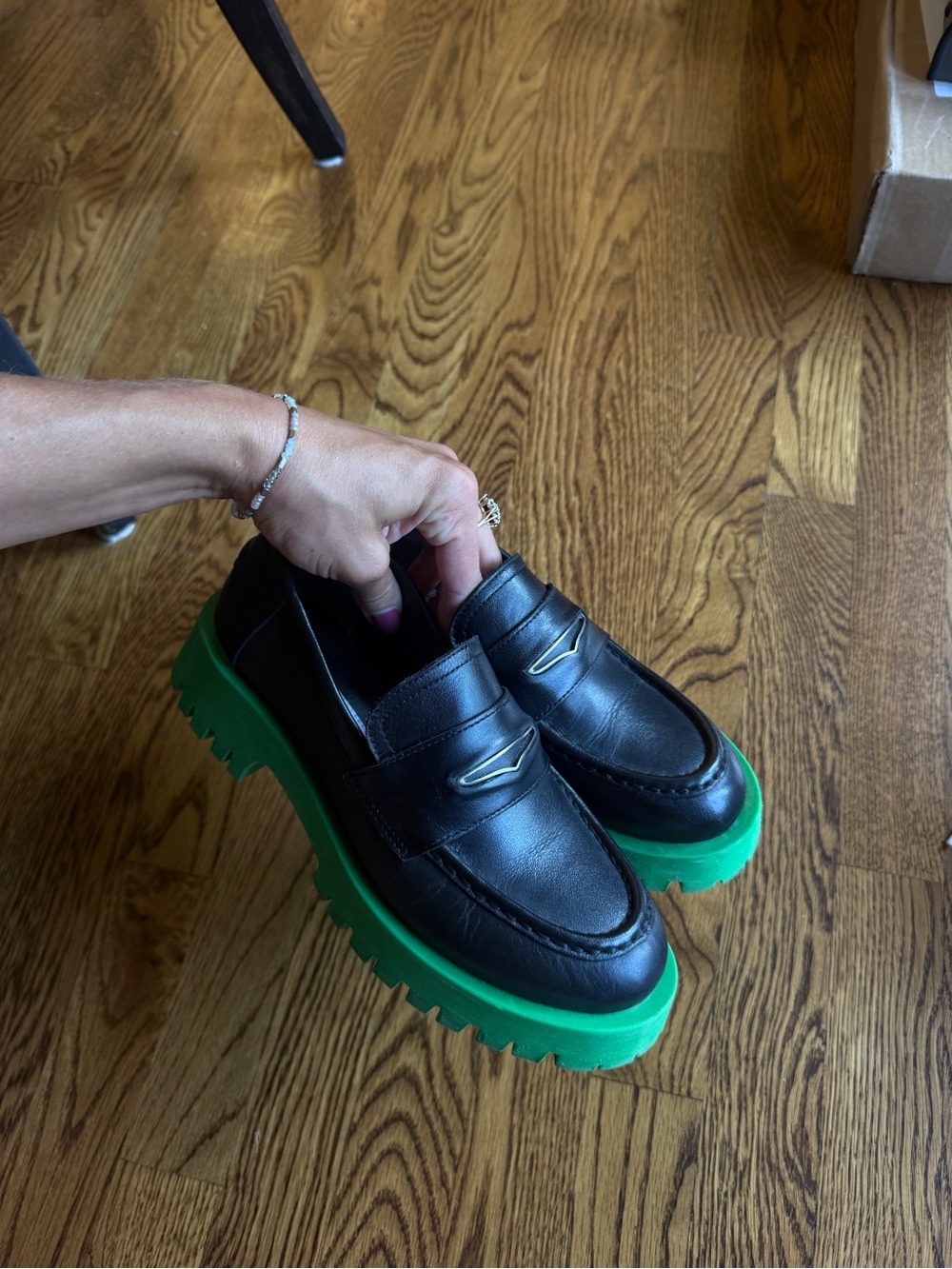 Steve Madden Black Leather Loafers with Green Lug Sole